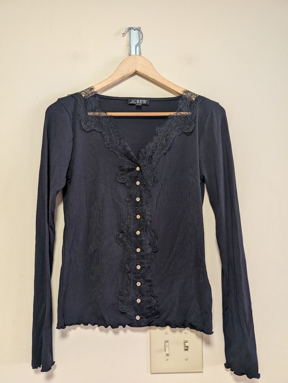 J.Crew Black Lace Trim Long Sleeve Henley Top Small Romantic